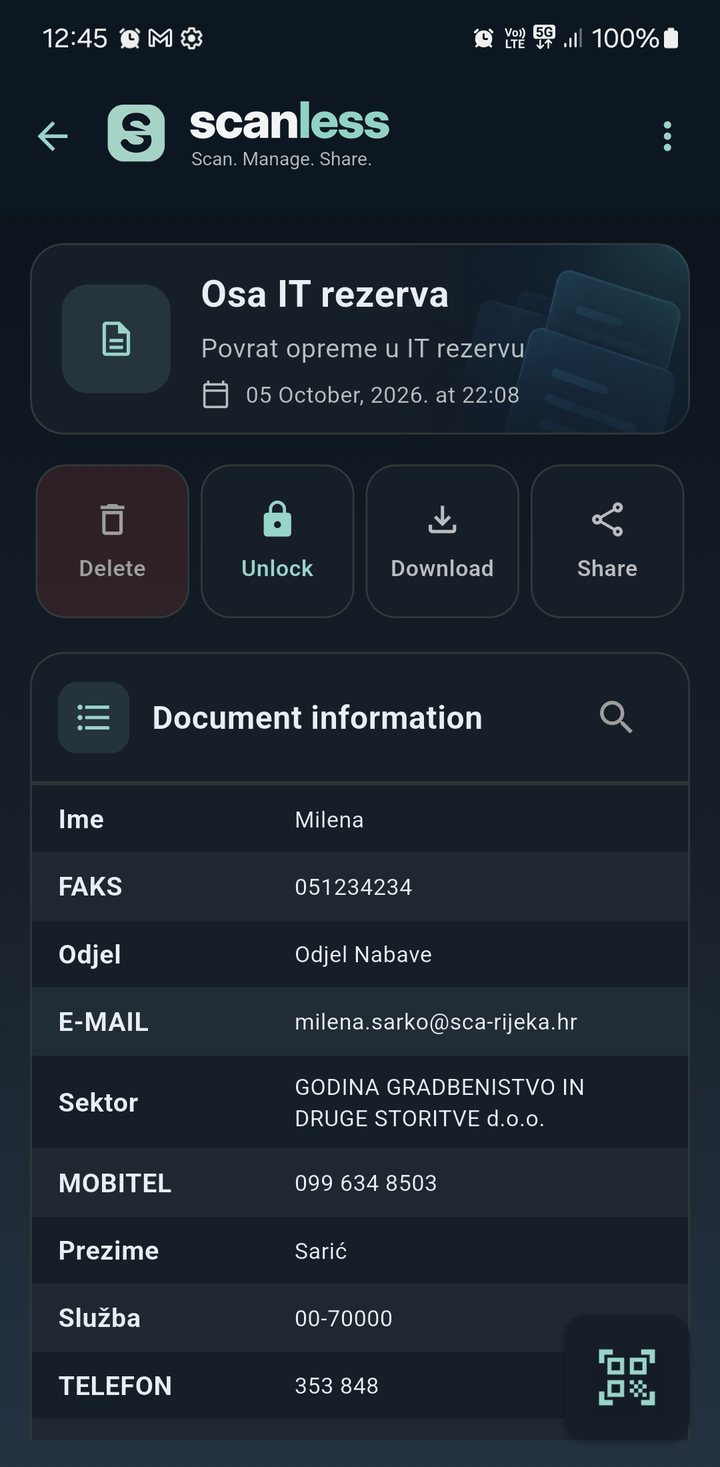 Zaključan dokument s opcijama preuzimanja i dijeljenja